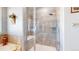 Clean shower with glass enclosure and built-in seat at 3158 S Nepal Way, Aurora, CO 80013