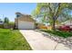 Well-maintained home featuring a spacious driveway, mature trees, and a neatly manicured lawn at 4860 E 120Th Pl, Thornton, CO 80241
