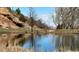 Scenic view of a calm pond reflecting the sky, with bare trees and grassy banks at 15175 W Belleview Ave, Morrison, CO 80465
