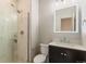 Compact bathroom with a glass-enclosed shower, a modern vanity, and a lighted mirror at 2680 Blake St # 4, Denver, CO 80205