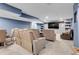 Cozy basement Gathering room with blue walls, a large screen TV, plush seating, and carpet at 9868 Olathe St, Commerce City, CO 80022