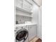 Laundry room featuring a washer, dryer, and shelving at 23456 E 5Th Pl # 104, Aurora, CO 80018