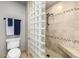 Well-lit bathroom featuring a tiled walk-in shower with glass block accent and modern fixtures at 8762 Mourning Dove Ln, Highlands Ranch, CO 80126