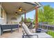 Spacious covered deck with wood floors, ceiling fans, and outdoor furniture at 5660 E Burlington Dr, Castle Rock, CO 80104