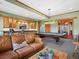 Game room features a billiard table, bar, and a leather couch with scenic mountain views at 3395 Timbergate Trl, Evergreen, CO 80439