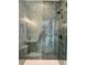 Elegant shower with herringbone tile and frameless glass door at 521 Milwaukee St, Denver, CO 80206