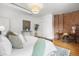 This spacious bedroom features exposed brick, modern lighting, a home office, and a comfortable style at 624 E 18Th Ave # 4, Denver, CO 80203