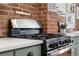 Close-up of kitchen stove with granite countertops and exposed brick wall at 624 E 18Th Ave # 4, Denver, CO 80203