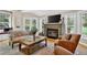 Living room with a fireplace, mantel and large windows that look out to a treed view at 4241 S Meadow Brook Ln, Evergreen, CO 80439