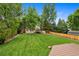 Large, meticulously maintained backyard featuring a shed, trampoline, and lush green grass at 23 Honey Locust, Littleton, CO 80127