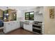 Modern kitchen featuring stainless steel appliances, white cabinets, and a view of the backyard at 23 Honey Locust, Littleton, CO 80127