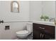 Half bathroom featuring a dark wood vanity, modern mirror, and decorative accents at 1390 S Idalia St # 39F, Aurora, CO 80017