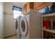 Functional laundry area equipped with a washer, dryer, and storage space, ensuring convenient chores at 15640 Agate Creek Dr, Monument, CO 80132