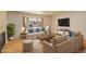 Bright living room features neutral furnishings, hardwood floors, and a large bay window at 3785 S Benton Way, Denver, CO 80235