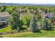 An aerial view highlighting the location in a lush green neighborhood with parks at 848 Huntington Pl, Highlands Ranch, CO 80126