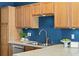 Close-up of a stainless sink with wood cabinets, tile countertops, and modern faucet, accented by decorative plants and colorful walls at 22580 E Ontario Dr # 204, Aurora, CO 80016