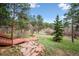 Charming backyard with stone walkway, short steps and lush greenery at 20425 Flint Ln, Morrison, CO 80465