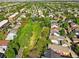 Aerial view showcasing neighborhood homes, tree-lined streets, and a green field at 8256 E 28Th Dr, Denver, CO 80238