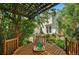 Backyard featuring a pergola, dining table, and garden beds filled with greenery at 8256 E 28Th Dr, Denver, CO 80238