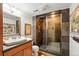 Bathroom showcasing a tiled walk-in shower with glass doors, single sink, and a decorative mirror at 8256 E 28Th Dr, Denver, CO 80238