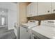 Clean laundry room with white cabinets, and modern washer and dryer appliances at 8256 E 28Th Dr, Denver, CO 80238