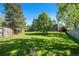 Large grassy backyard with mature trees and privacy fencing, perfect for outdoor enjoyment at 10247 W Roxbury Pl, Littleton, CO 80127