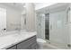 Modern bathroom with glass enclosed shower, gray vanity, and contemporary fixtures at 3000 S Elati St, Englewood, CO 80110