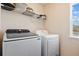 Functional laundry room featuring modern, front-loading washer and dryer, plus overhead shelving at 1044 Oleander St, Castle Rock, CO 80109