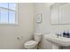 Clean powder room with modern fixtures including a pedestal sink, toilet, and tasteful decor at 1044 Oleander St, Castle Rock, CO 80109