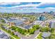 Aerial view of a neighborhood showcasing modern townhouses and residential streets, with Denver skyline in background at 1800 Grove St, Denver, CO 80204