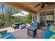 Spacious covered deck with comfortable seating, a dining table, and a ceiling fan for outdoor enjoyment at 11302 E Ida Ct, Englewood, CO 80111