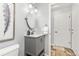 Updated powder room with a stylish vanity, oval mirror, and modern fixtures at 5733 S Yakima Way, Aurora, CO 80015