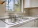 Close-up of a double stainless steel sink with a window view at 3055 Carson St, Aurora, CO 80011
