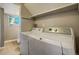 Bright laundry room with modern washer and dryer, convenient shelf and window providing natural light at 3055 Carson St, Aurora, CO 80011