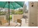 Cozy outdoor patio featuring comfortable seating under a green umbrella, perfect for relaxing at 4346 S Quail St, Littleton, CO 80127