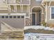 Two-car garage with stone entryway and snowy landscaping at 10767 Mountshire Cir, Highlands Ranch, CO 80126