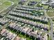 High-angle aerial view showing a residential neighborhood with neat streets and green spaces at 12121 Bryant St, Westminster, CO 80234