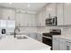 Modern kitchen featuring stainless steel appliances, light grey cabinets, tile backsplash, and hardwood floors at 9465 Yampa St, Commerce City, CO 80022