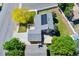 This aerial view captures a well-maintained home with modern solar panels and lush backyard at 1606 S Flanders Way, Aurora, CO 80017