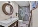 Elegant bathroom featuring a stylish vanity, walk-in shower, and decorative ladder at 8747 Mesquite Row, Lone Tree, CO 80124