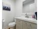Bright bathroom features a modern vanity with sleek hardware and a stylish mirror at 5390 Rosemary Ln, Denver, CO 80221