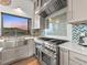 Close-up of a kitchen area with stainless steel appliances and scenic mountain views at 12947 Lazy Dog Ln, Littleton, CO 80127