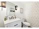 Modern half bathroom featuring designer wallpaper, vanity, sleek fixtures, and a toilet with a soft-close lid at 17870 New London Rd, Monument, CO 80132