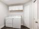 Well-equipped laundry room with a front loading washer, dryer, overhead cabinets, and ample storage at 801 8Th St, Golden, CO 80401