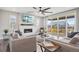 Inviting living room featuring a fireplace with TV, plush sofas, and sliding glass doors to the deck at 9759 Waco St, Commerce City, CO 80022