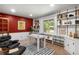 Stylish home office with custom built-ins, a modern desk, and large window at 2907 Hiwan Dr, Evergreen, CO 80439