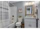 Stylish bathroom featuring a shower/tub combo with gray and white tile and updated vanity at 11817 Phoebe St, Parker, CO 80134