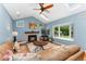 Comfortable living room featuring a fireplace, a ceiling fan, skylights and large windows at 3765 E Easter Dr, Centennial, CO 80122