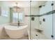 Luxurious bathroom featuring a soaking tub, a glass shower, and a modern chandelier at 2903 Dragonfly Ct, Castle Rock, CO 80109