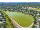 Overhead view of a lake surrounded by residential homes and greenery, showcasing the community's serene setting at 8845 W 81St Dr, Arvada, CO 80005